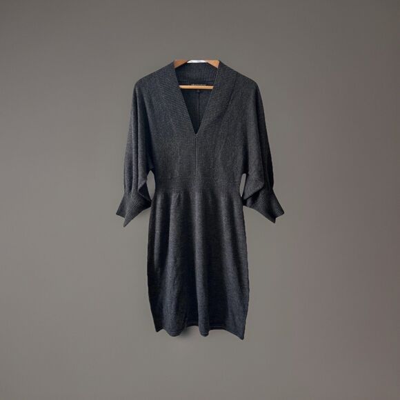 connected apparel Dresses & Skirts - Charcoal Gray Knit Sweater Dress Women Medium V Neck 3/4 Sleeve Business Casual